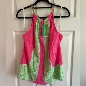 LILLY PULITZER RIVIERA TOP IN HOTTY PINK DAY BREAKERS ENGINEERED, SIZE LARGE